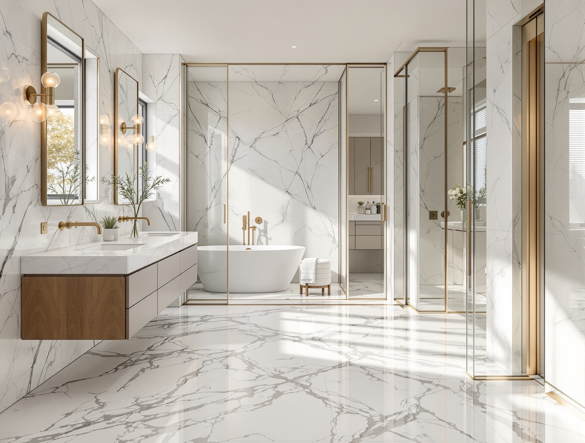 Marble-look porcelain primary bath