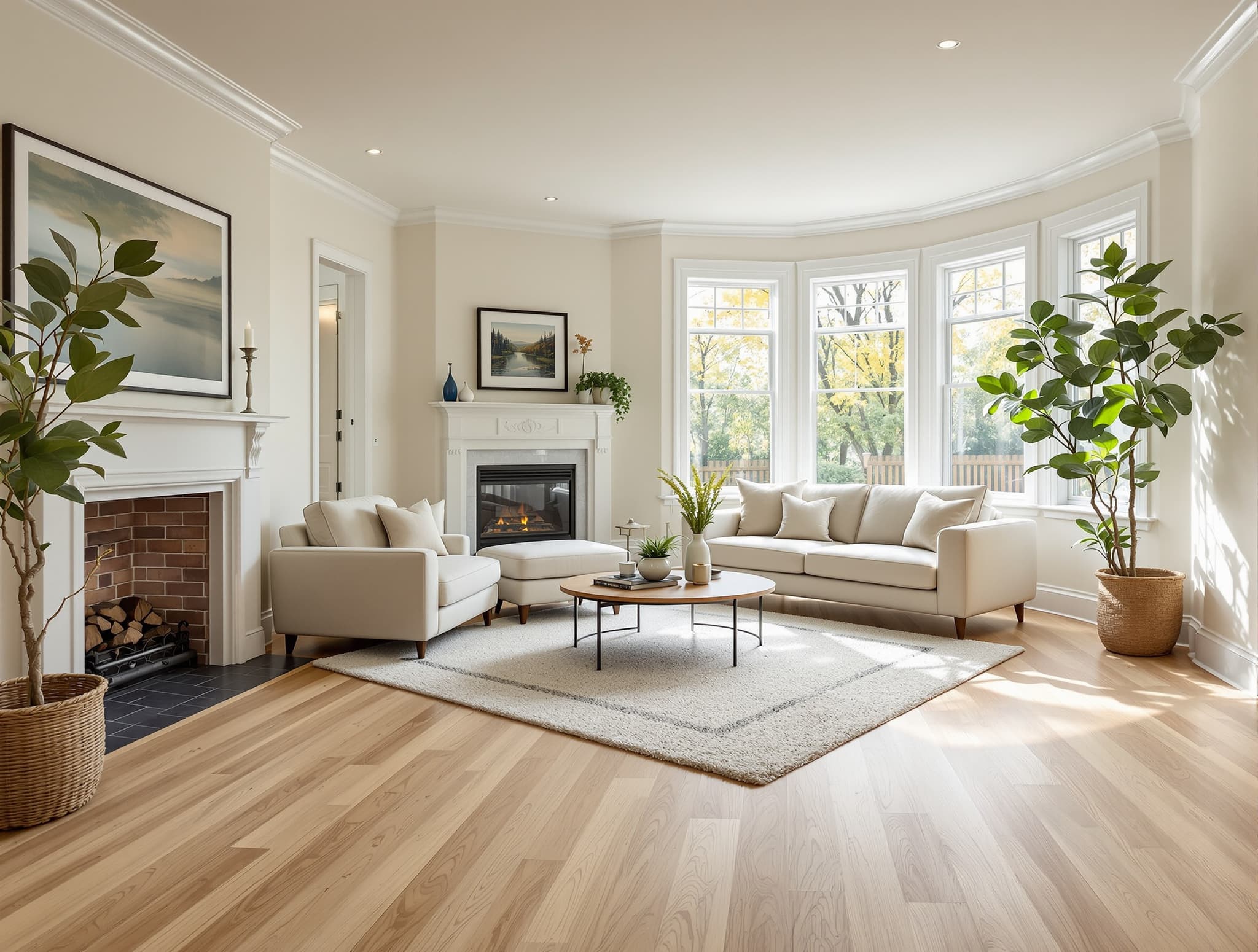 Wide-plank European white oak hardwood in a Long Island living room