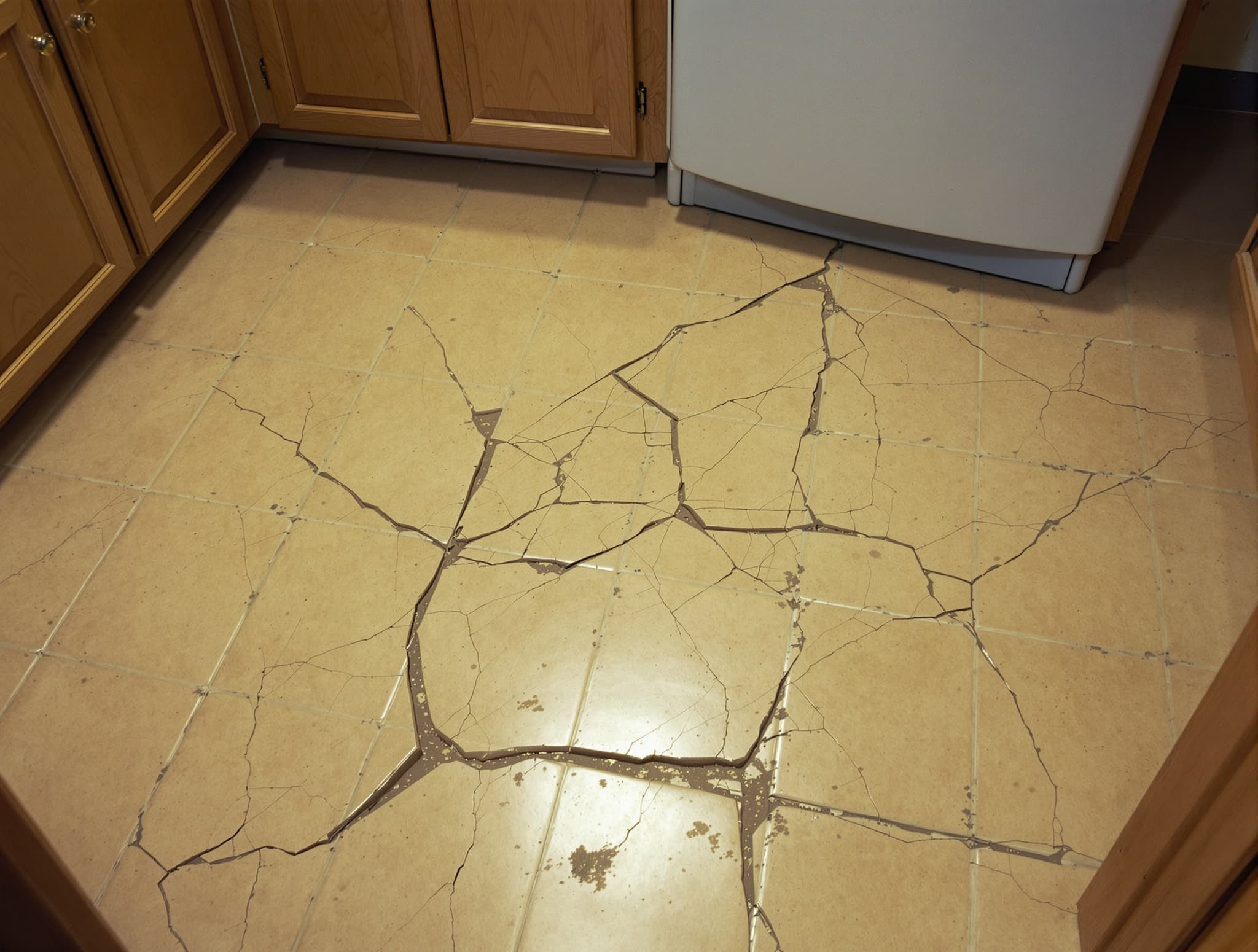 Cracked beige ceramic tile in an outdated kitchen