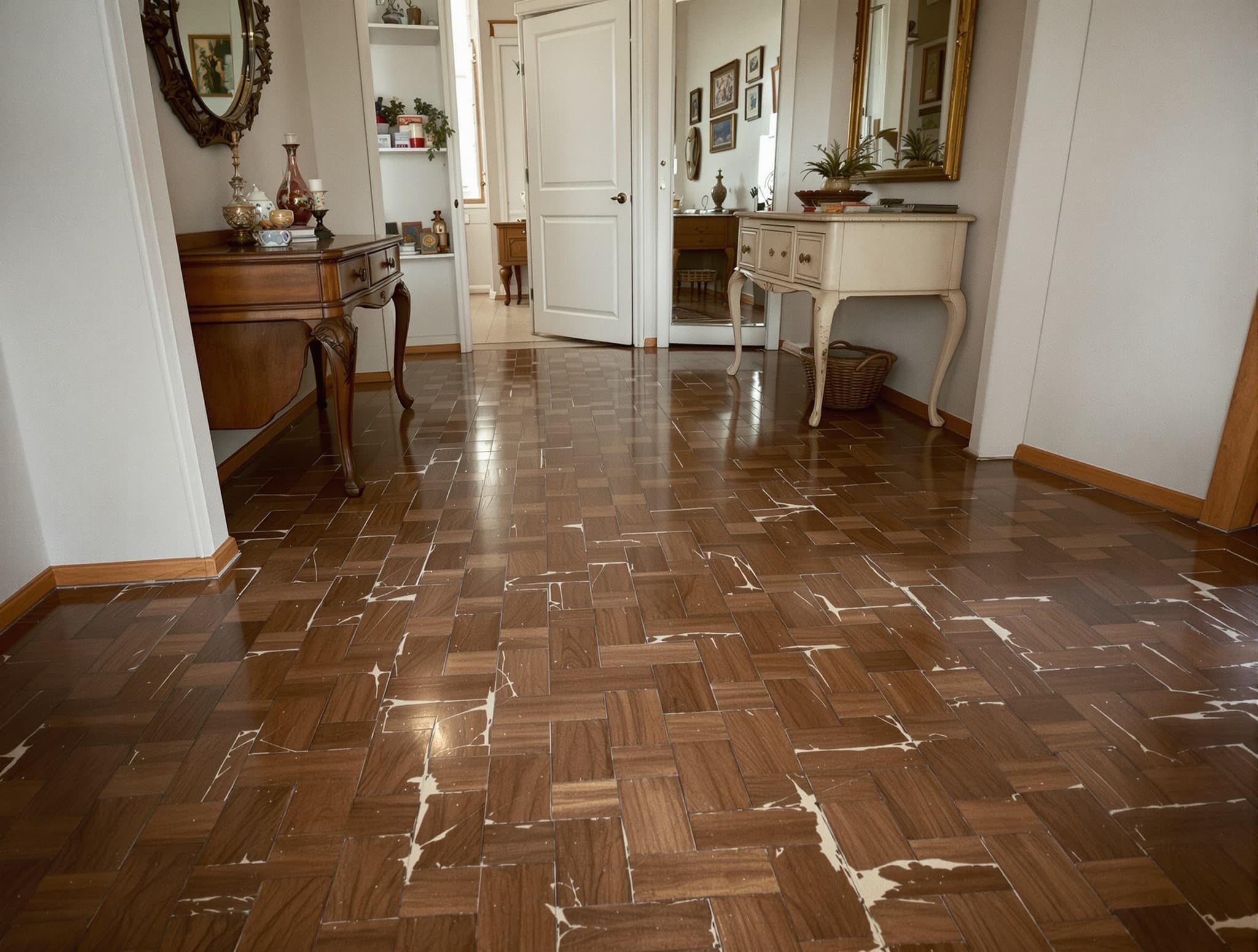 Dated 1970s dark brown parquet foyer floor